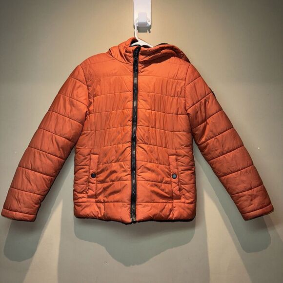 Michael Kors Orange Black Hooded Puffer Coat Jacket Boy’s Size 14/16 - Picture 1 of 4